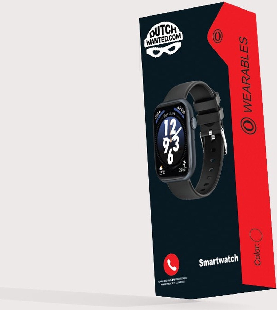 Dutch Wanted - Black Smartwatch - 45,5mm - Siliconen Band - Voor Dames en Heren - Stappenteller - IOS en Android - Zwart