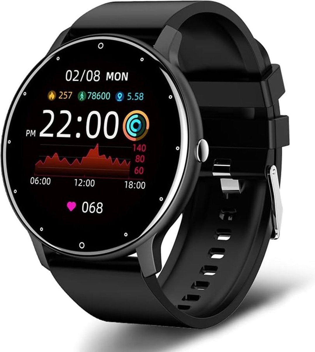 DutchWanted - PowerForce Smartwatch - 46mm - Voor Dames en Heren - Stappenteller - Slaapmeter - IOS en Android - Zwart