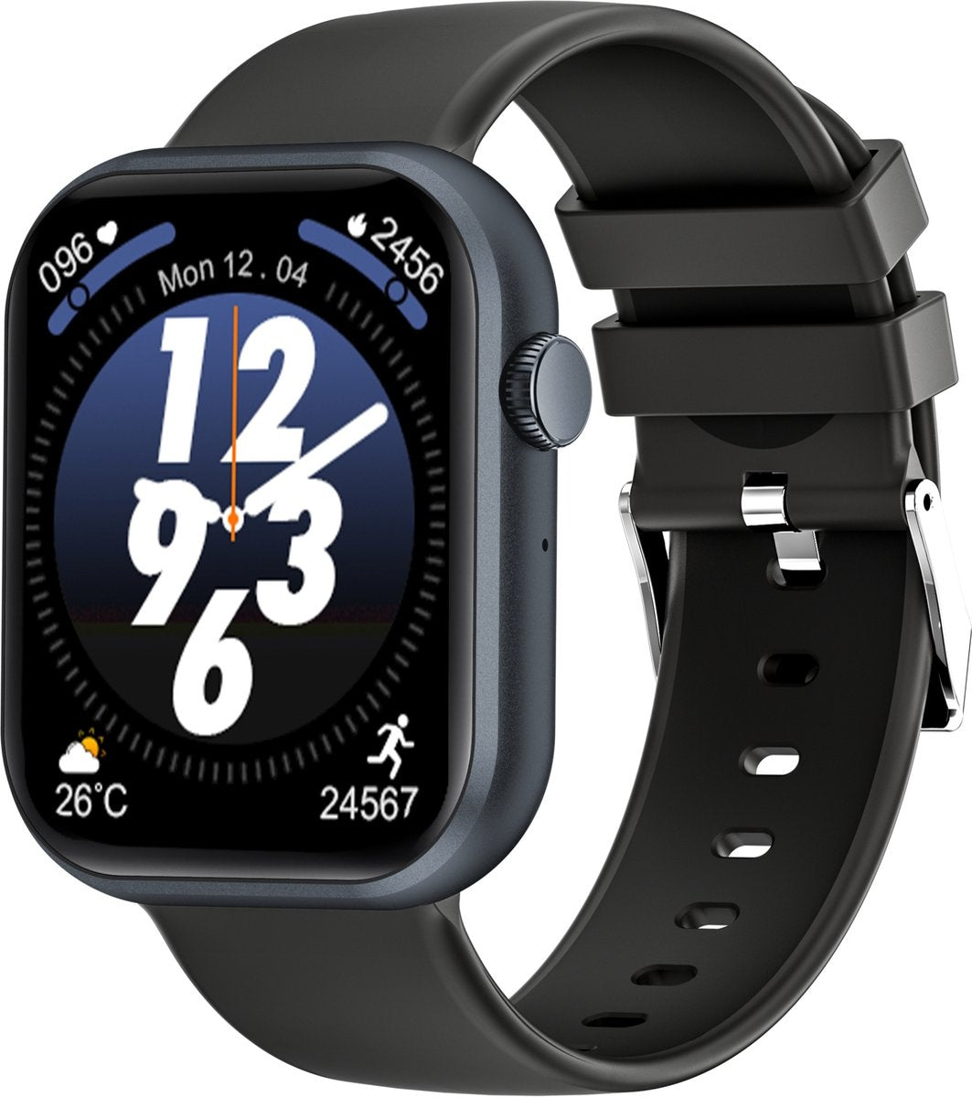 Dutch Wanted - Black Smartwatch - 45,5mm - Siliconen Band - Voor Dames en Heren - Stappenteller - IOS en Android - Zwart