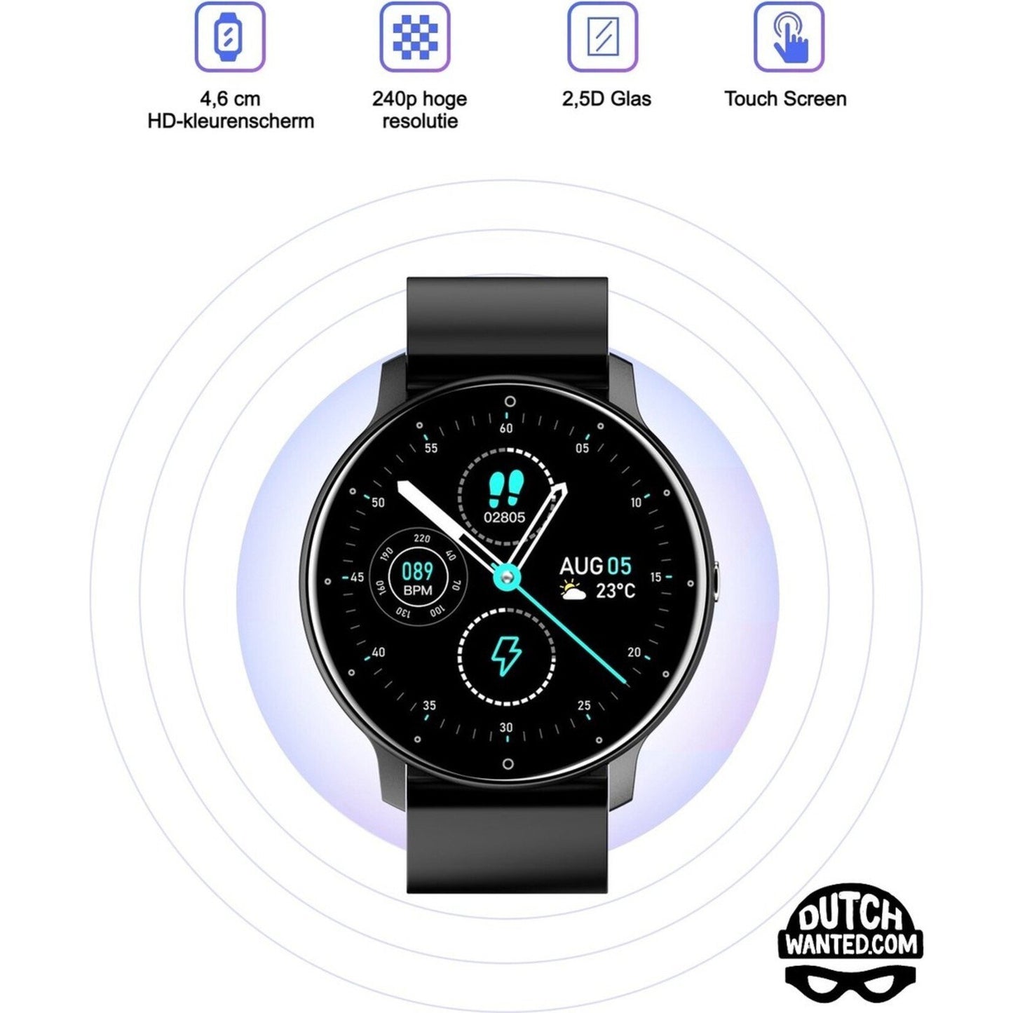 DutchWanted - PowerForce Smartwatch - 46mm - Voor Dames en Heren - Stappenteller - Slaapmeter - IOS en Android - Zwart