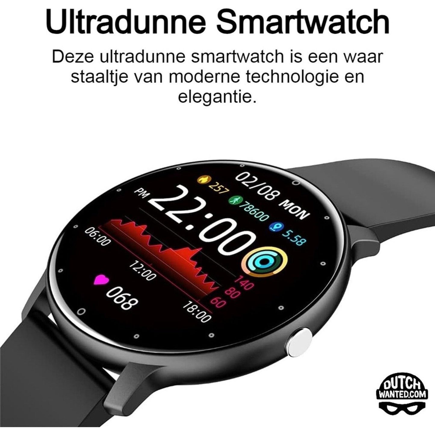 DutchWanted - PowerForce Smartwatch - 46mm - Voor Dames en Heren - Stappenteller - Slaapmeter - IOS en Android - Zwart