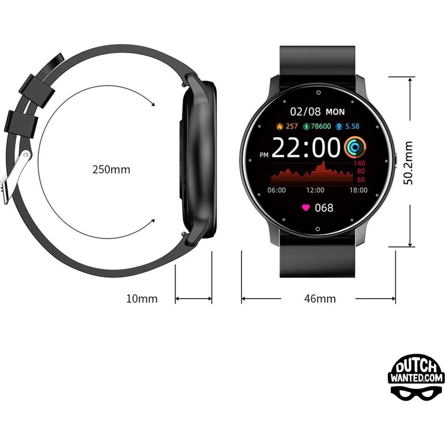 DutchWanted - PowerForce Smartwatch - 46mm - Voor Dames en Heren - Stappenteller - Slaapmeter - IOS en Android - Zwart